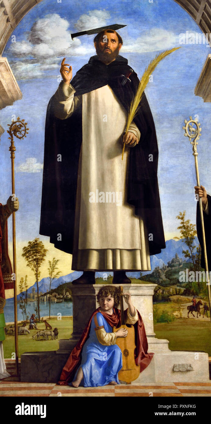 Der hl. Petrus von Verona mit Heiligen Nikolaus und Benedikt 1505-1506 von Cima da Conegliano (Giovanni Battista Cima) 1459-1517 Italien, Italienisch. Stockfoto