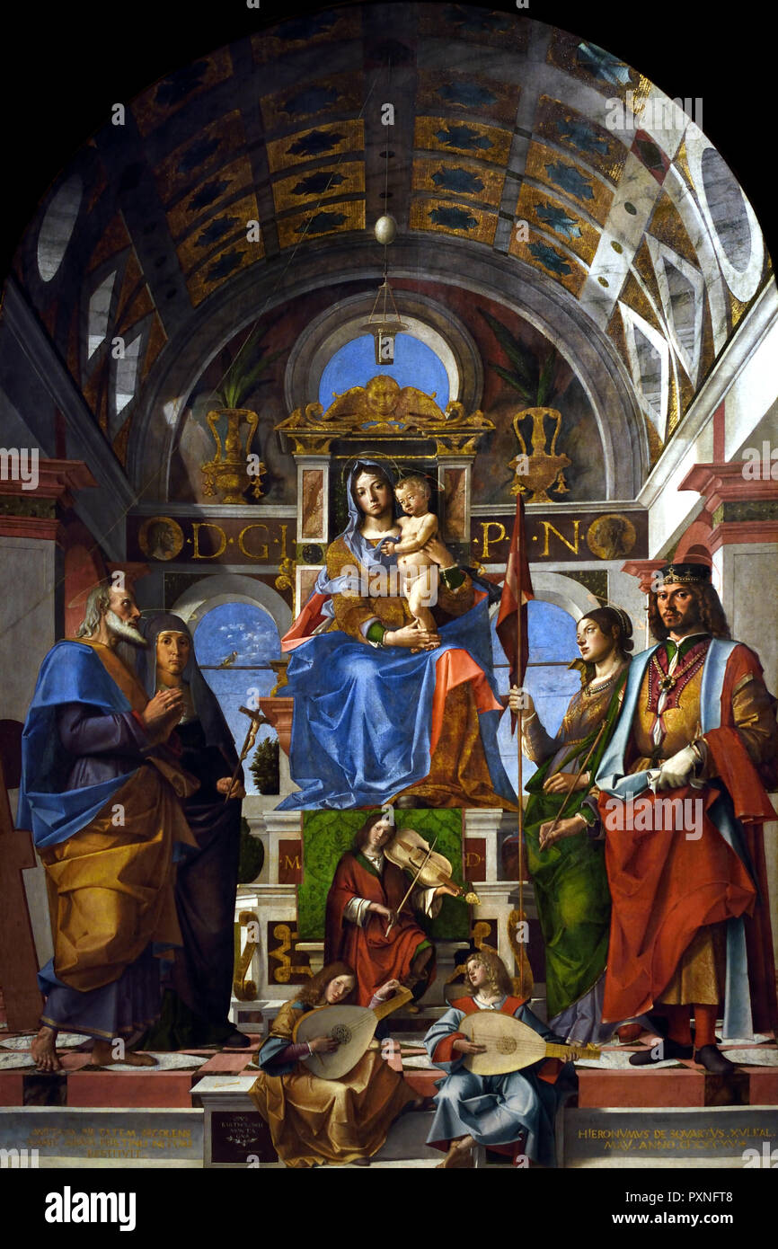 Madonna mit Kind und St. Andreas, St. Monica, St. Ursula und St. Sigismund 1499 Montagna (Bartolomeo Cincani) 1450-1523 Italien, Italienisch thront Stockfoto