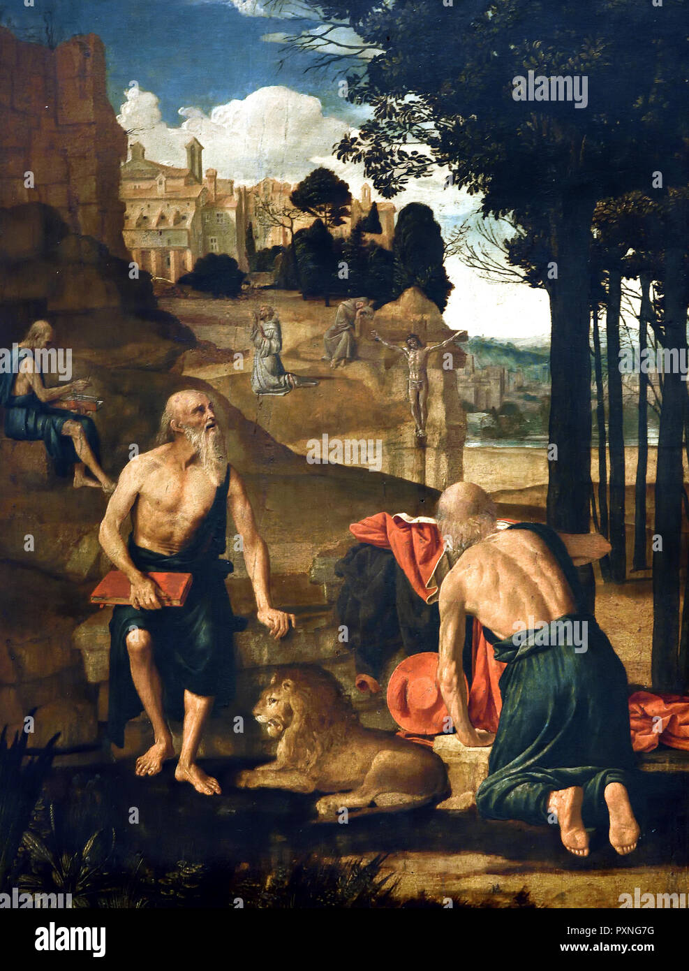 Szenen aus dem Leben des heiligen Hieronymus; der hl. Franziskus in Ekstase und Pater Leo 1500-1505 spanischer Maler aus dem 16. Jahrhundert, Italien, Italienisch. Stockfoto