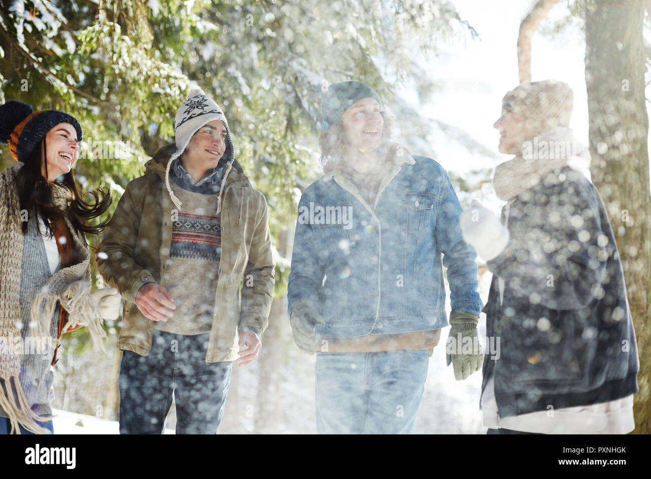 Gruppe der glückliche junge Leute genießen Spaziergang im schönen Winter Wald unter Schneefall im Urlaub Stockfoto