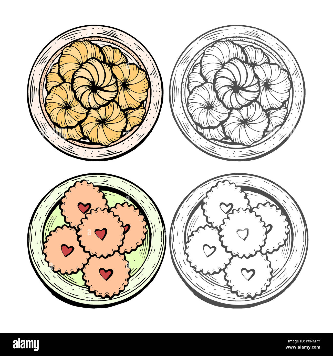 Hand gezeichnet. Orientalische Süßigkeiten Illustration. Middle Eastern Food. Essen Menü Hintergrund. Ansicht von oben. Farbenfrohes Design vorlage. Stockfoto