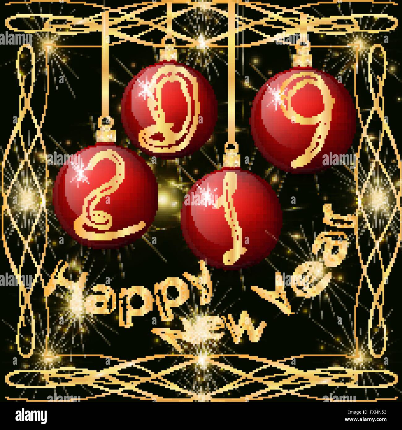 Roten Weihnachtskugeln mit der Inschrift 2019 in einem goldenen Rahmen auf dem Hintergrund der begrüssen und goldenen Highlights auf einem dunklen Hintergrund Stock Vektor