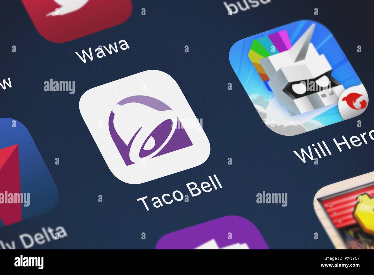 London, Großbritannien, 23. Oktober 2018: Nahaufnahme der Taco Bell beliebte App Taco Bell. Stockfoto