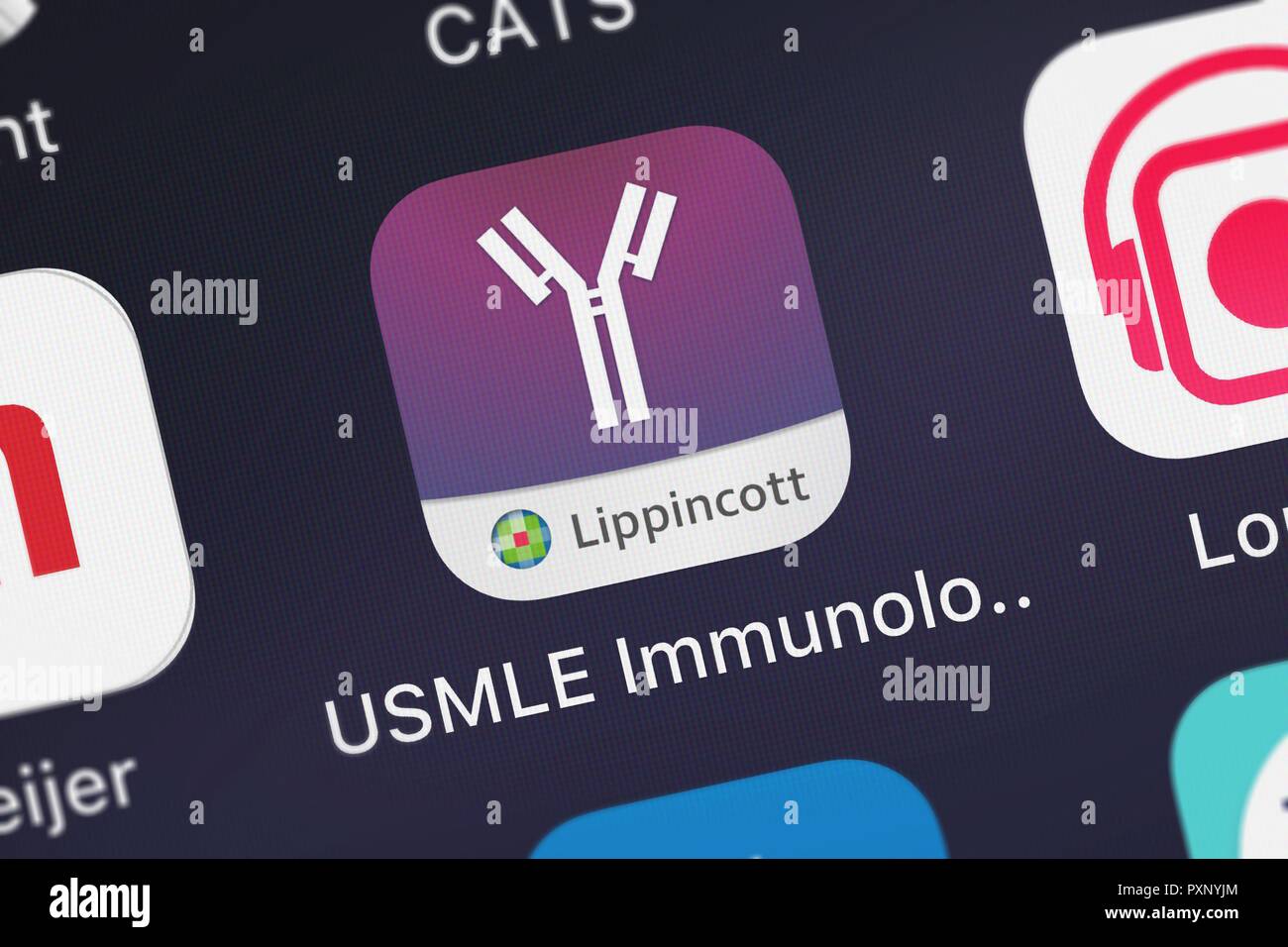 London, Großbritannien, 23. Oktober 2018: Bildschirmfoto von höheren Learning Technologies mobile App USMLE Immunologie Flashcards. Stockfoto