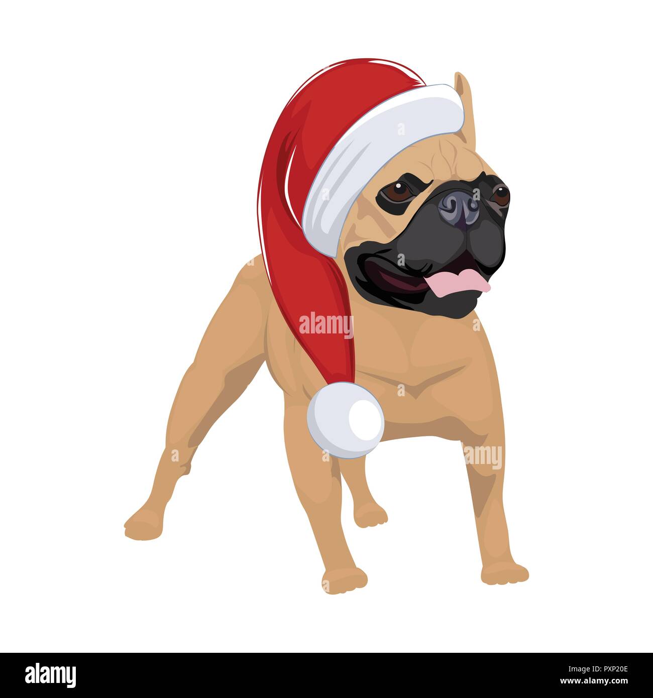 Französische Bulldogge mit Mütze auf weißem Hintergrund. Reinrassigen Hund hecheln und tragen Santa hat. Stock Vektor