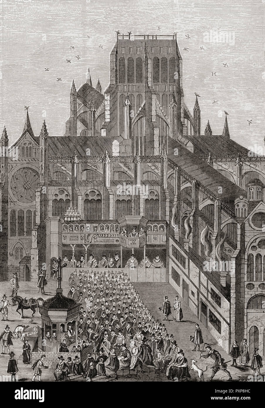 St Paul's Kreuz, eine Predigt kreuz und Open-air-Kanzel auf dem Gelände der alten St Paul's Cathedral, London, England, hier im Jahre 1620 gesehen. Von London Bilder, veröffentlicht 1890. Stockfoto