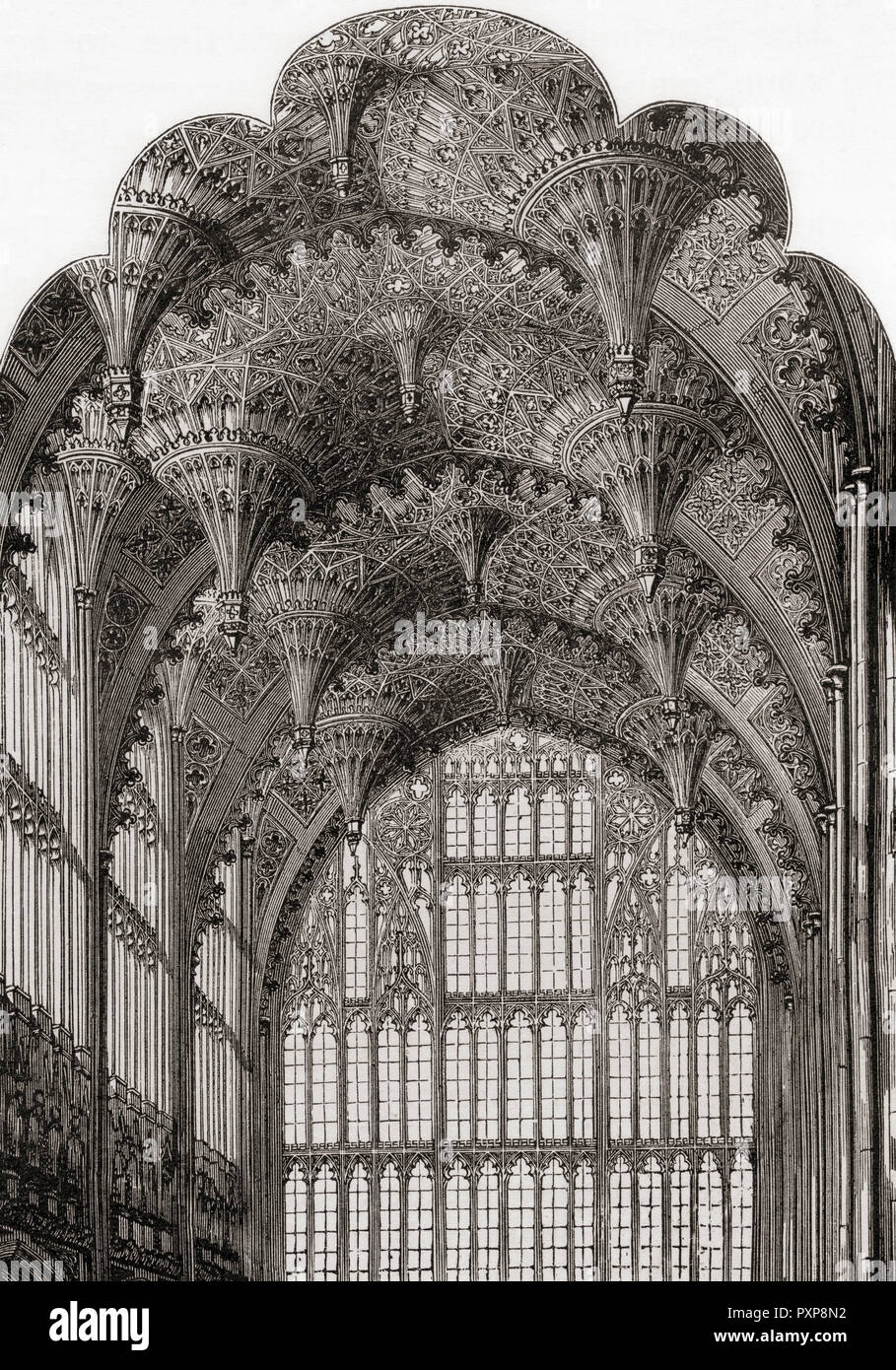 Detail der Anhänger Ventilator Gewölbe Decke in der Kapelle von Heinrich VII., Westminster Abbey, Westminster, London, England. Von London Bilder, veröffentlicht 1890. Stockfoto