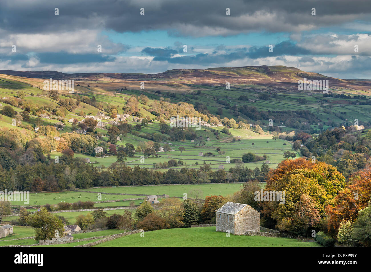 Yorkshire Dales National Park Herbst Landschaft, Swaledale, niedrige Zeile und Calver Hügel von crackpot Stockfoto