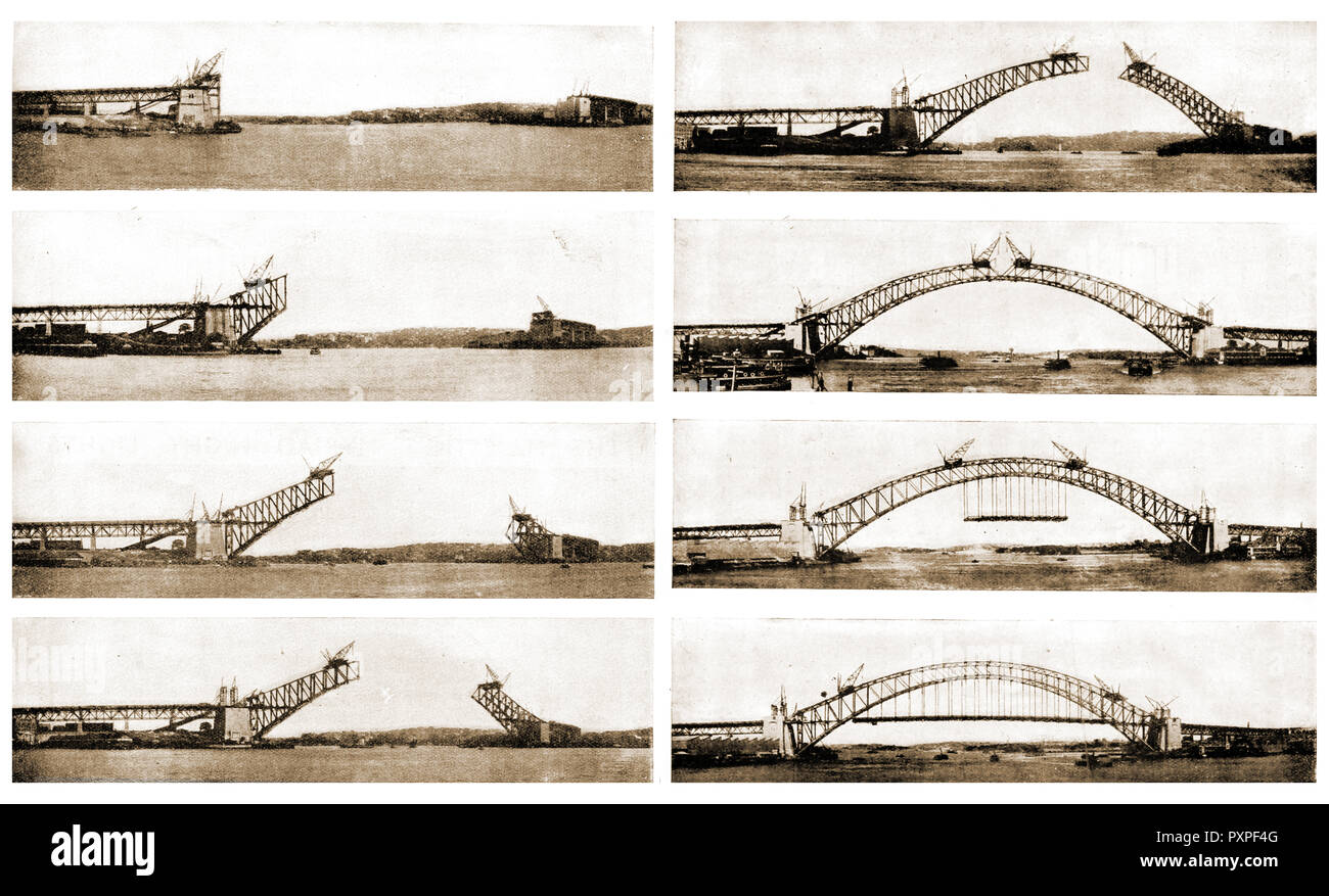 Eine Reihe von gedruckten Fotografien der Bau der Sydney Harbour Bridge, Australien zwischen dem 28. Juli 1923 und 19. Januar 1932 Stockfoto
