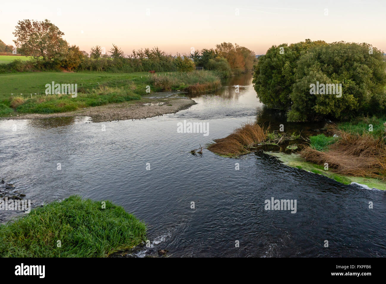 Blick von der Weißen Mühle Brücke zu den Stour Valley in Sturminster Marshall während der Dämmerung, Dorset, England, Großbritannien Stockfoto