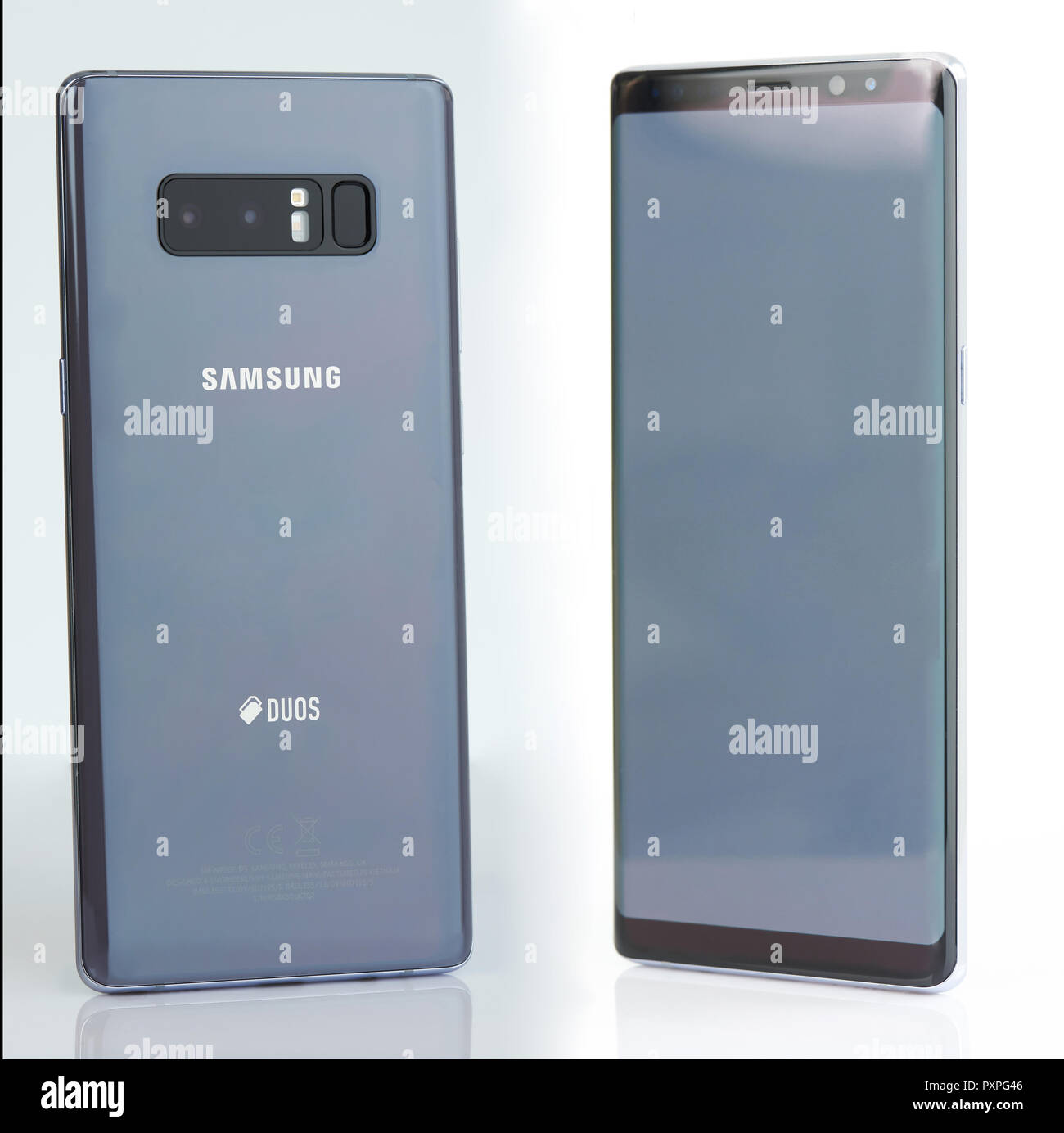 New York, USA - 15. Oktober 2018: Isometrische Ansicht von Samsung Anmerkung 8 Orchidee Farbe grau isoliert Stockfoto