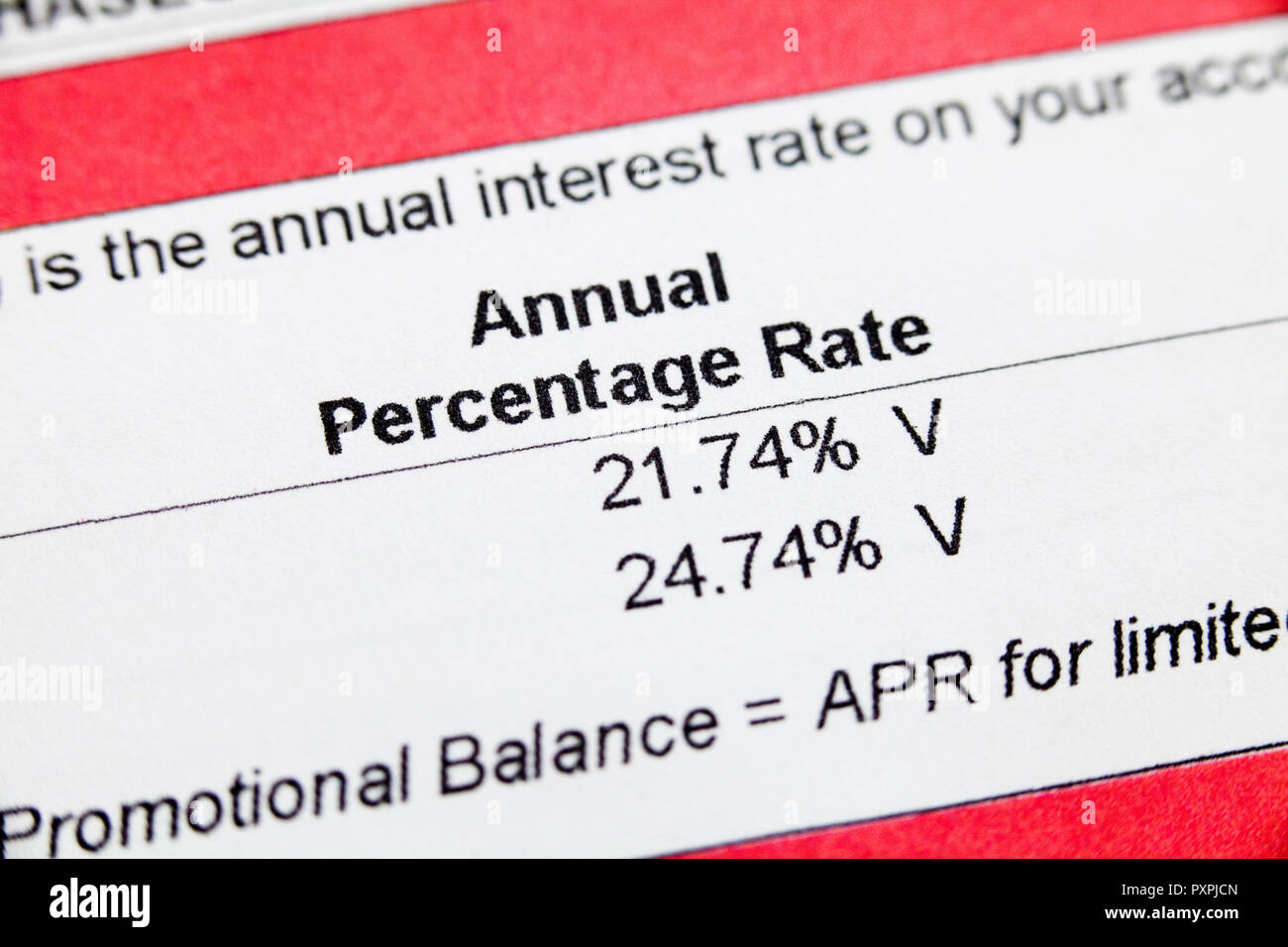 Kreditkarte Zinssatz (APR, Kreditkarte effektiver Jahreszins) Informationen über monatliche Erklärung - USA Stockfoto