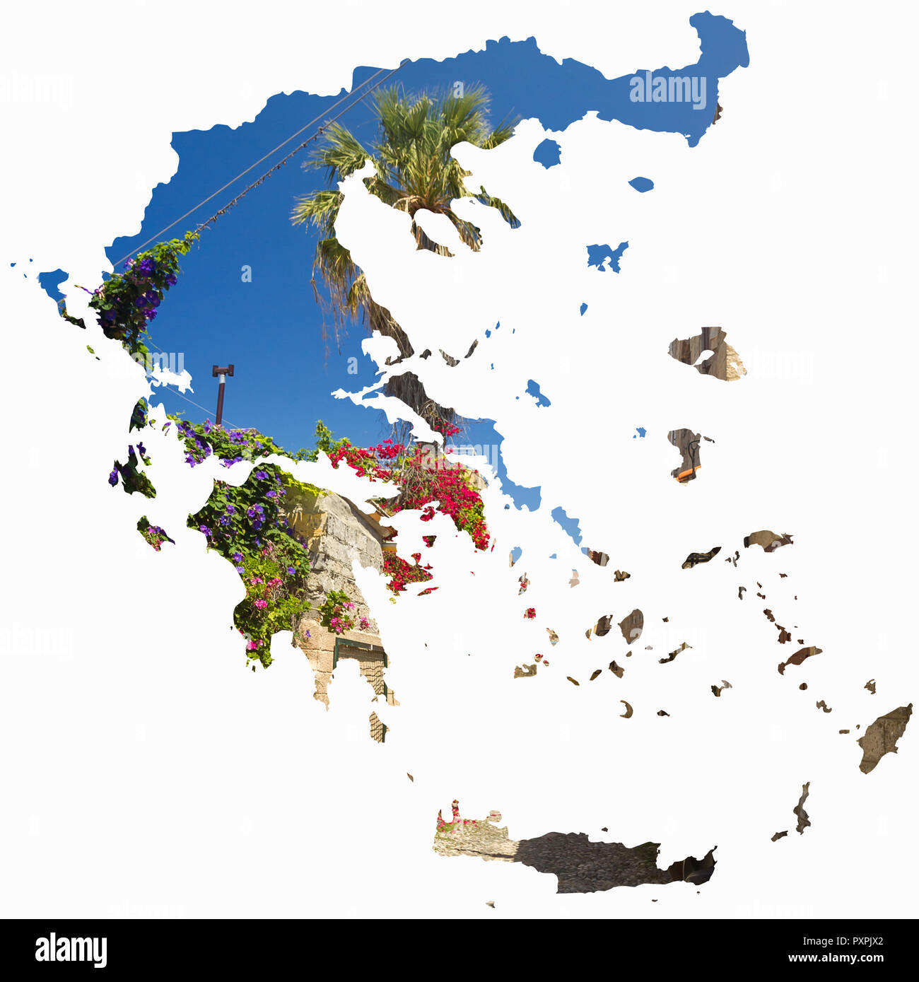 Sonnige Griechenland Karte mit Blumen und blauer Himmel weißer Hintergrund Stockfoto