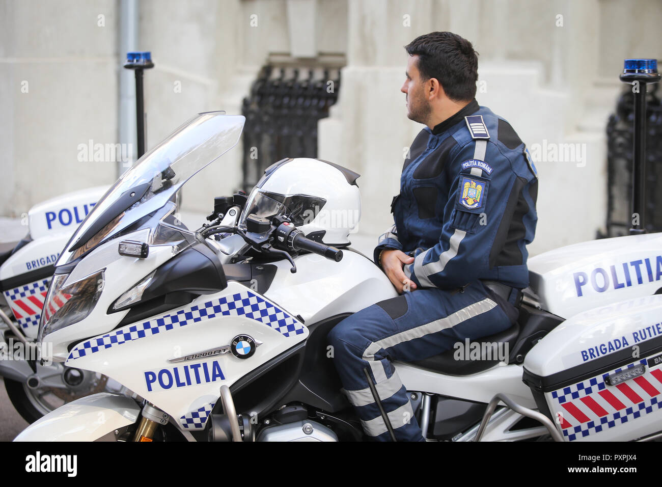 Bukarest, Rumänien - 23. Oktober 2018: Polizei BMW Motorräder für die Rumänische Polizei Stockfoto