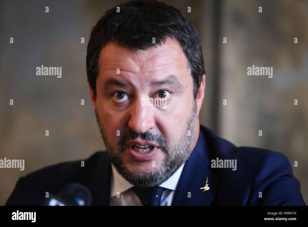 Bukarest, Rumänien - Oktober 23, 2018: Matteo Salvini, stellvertretender Ministerpräsident von Italien und Minister des Innern, hält eine Pressekonferenz an der Ital. Stockfoto