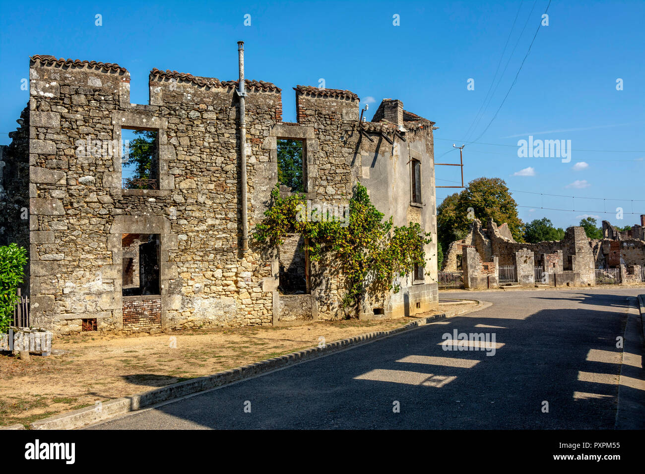 Oradour-sur-Glane, das Dorf Ruinen während des Zweiten Weltkrieges Juni 10, Haute-Vienne zerstört, Nouvelle Aquitaine, Frankreich Stockfoto