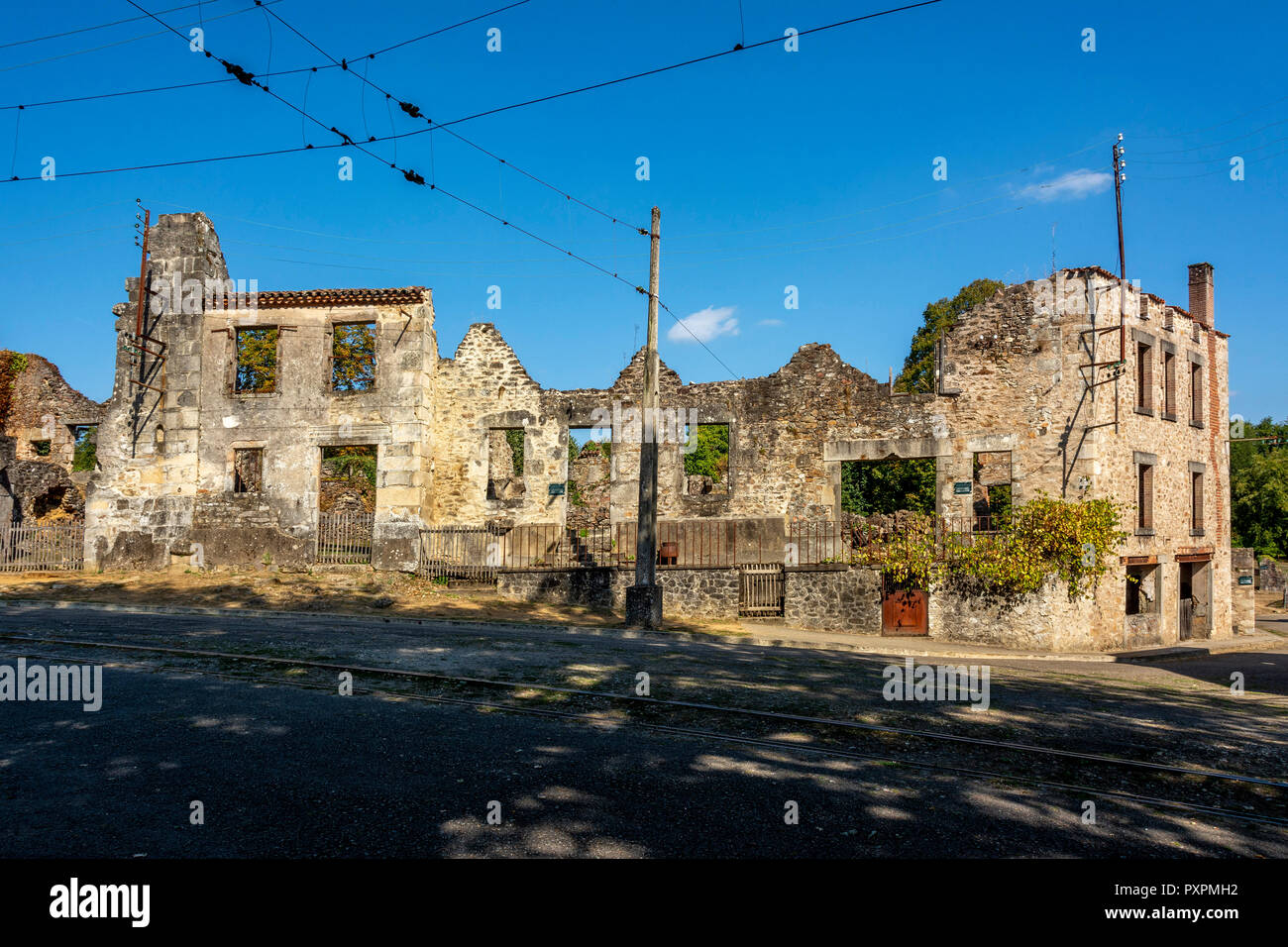 Oradour-sur-Glane, das Dorf Ruinen während des Zweiten Weltkrieges Juni 10, Haute-Vienne zerstört, Nouvelle Aquitaine, Frankreich Stockfoto