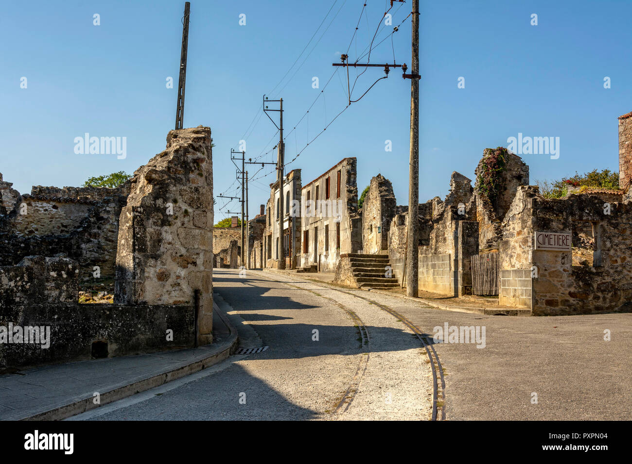 Oradour-sur-Glane, das Dorf Ruinen während des Zweiten Weltkrieges Juni 10, Haute-Vienne zerstört, Nouvelle Aquitaine, Frankreich Stockfoto