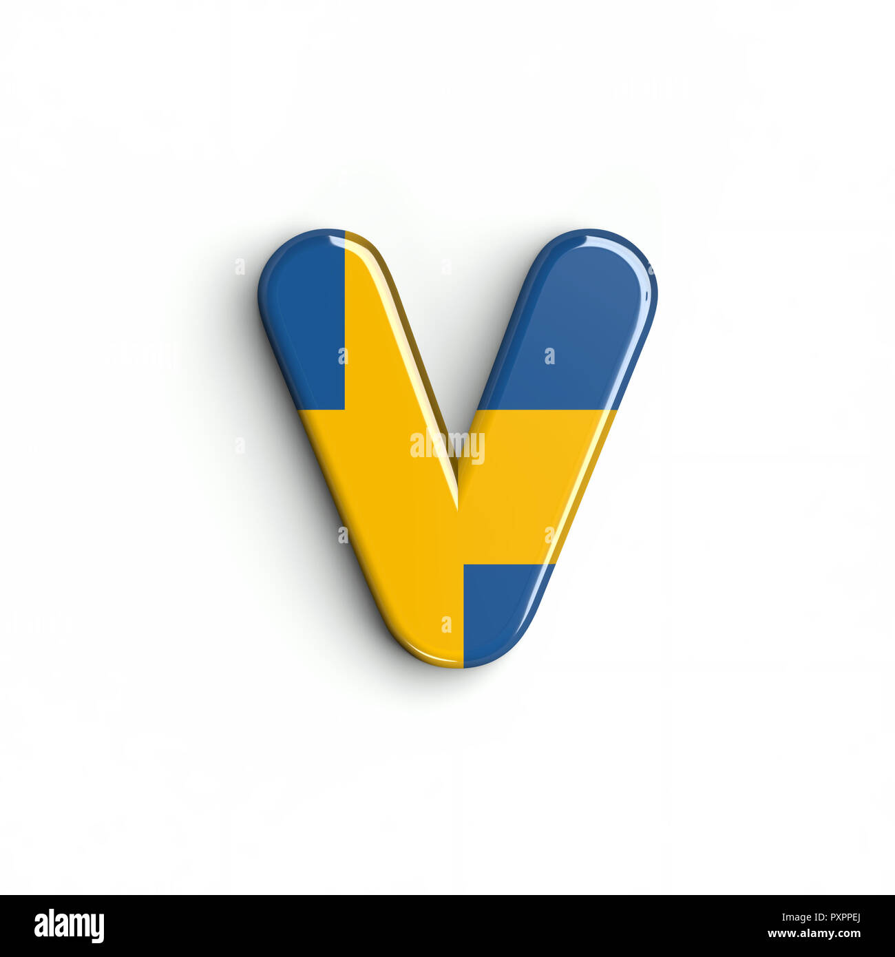 Schweden Flagge Buchstabe V - Kleinbuchstaben 3d-schwedische Schrift auf weißem Hintergrund. Dieses Alphabet ist perfekt für kreative Illustrationen verwandten, aber nicht Lim Stockfoto
