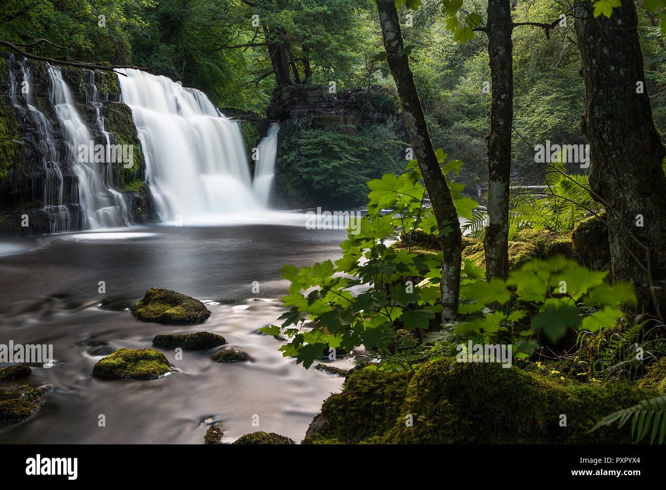 Sgwd y pannr Wasserfall in Ystradfellte, Brecon Beacons, August 2018 Stockfoto