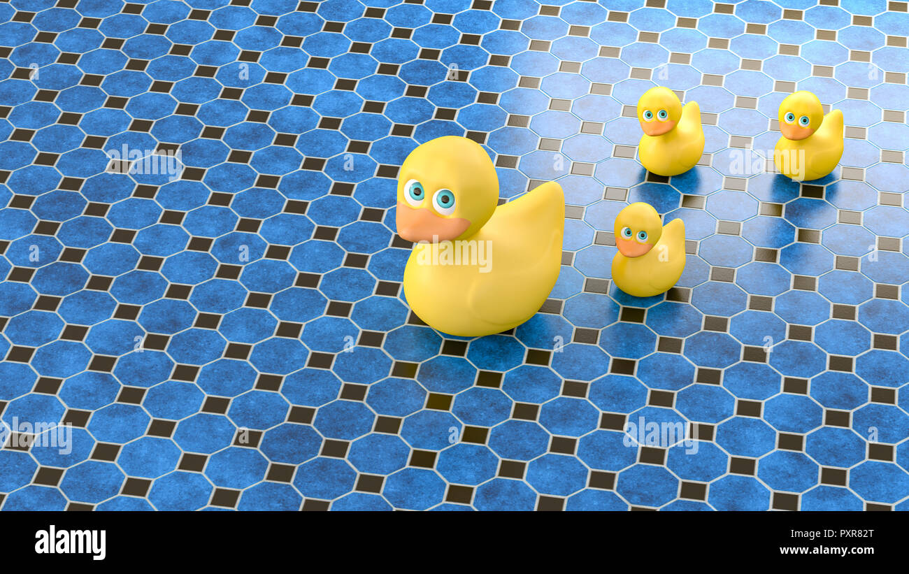 3D-Rendering, Familie von Rubber Duck auf blau gefliesten Boden Stockfoto