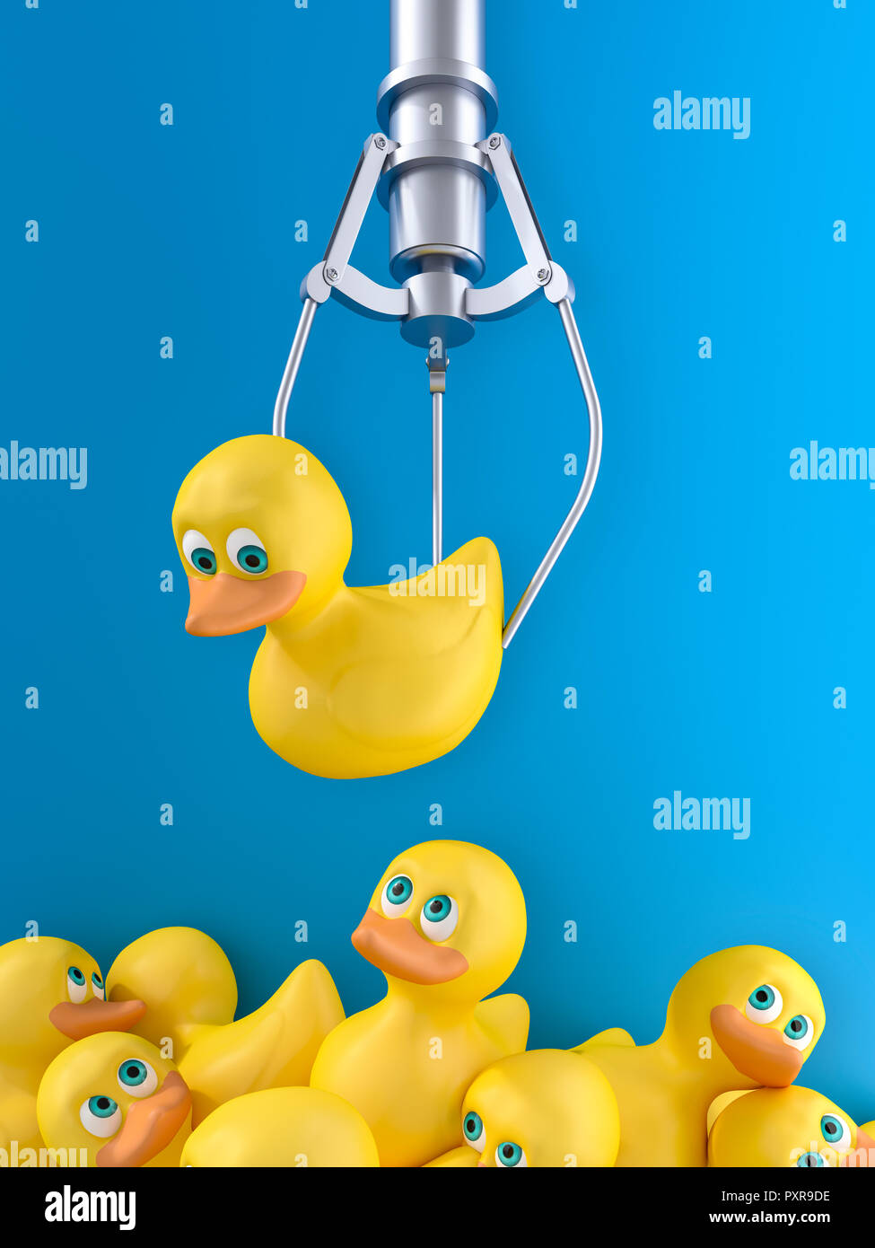 3D-Rendering, gelbe Gummiente schwebt über Stapel verworfen Enten Stockfoto