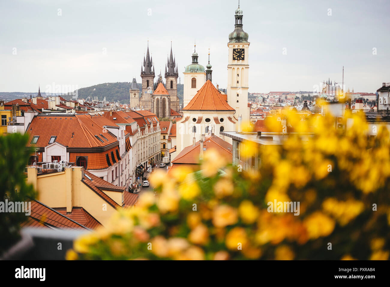 Tschechien, Prag, Blick auf die Basilika von St. James und Teyn Kirche im Hintergrund Stockfoto
