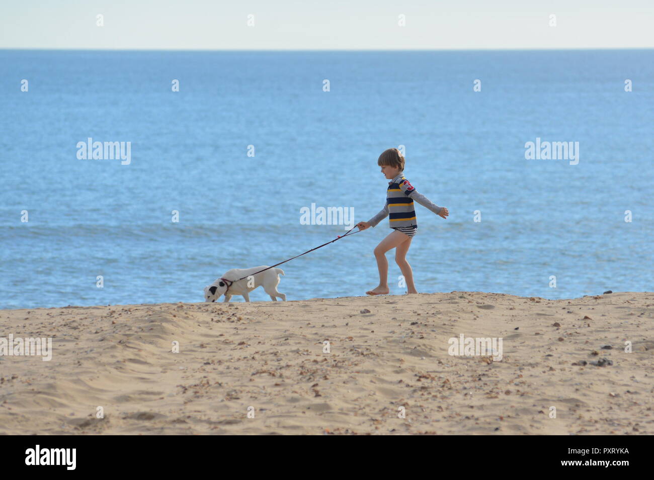 Junge mit Hund an der Leine, Bournemouth Beach, Dorset, Großbritannien, an einem warmen Oktobertag. Stockfoto