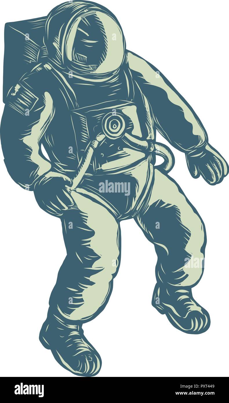 Scratchboard stil Abbildung eines Astronauten, Kosmonauten oder spaceman Floating in spacdone auf scraperboard auf isolierten Hintergrund. Stock Vektor