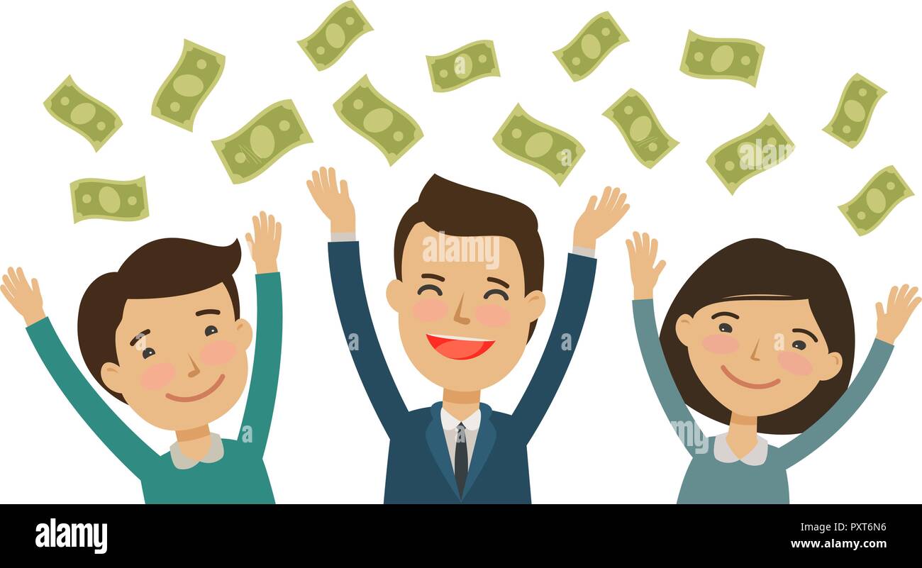 Glückliche Menschen fangen Geld. Finanz- und Bankwesen, Ergebnis Konzept. Cartoon Vector Illustration Stock Vektor