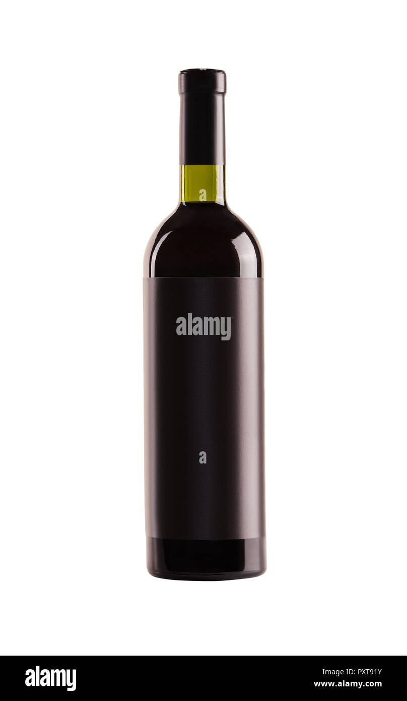 Rotwein. Flasche aus grünem Glas mit einem leeren Black Label auf weißem Hintergrund. Stockfoto