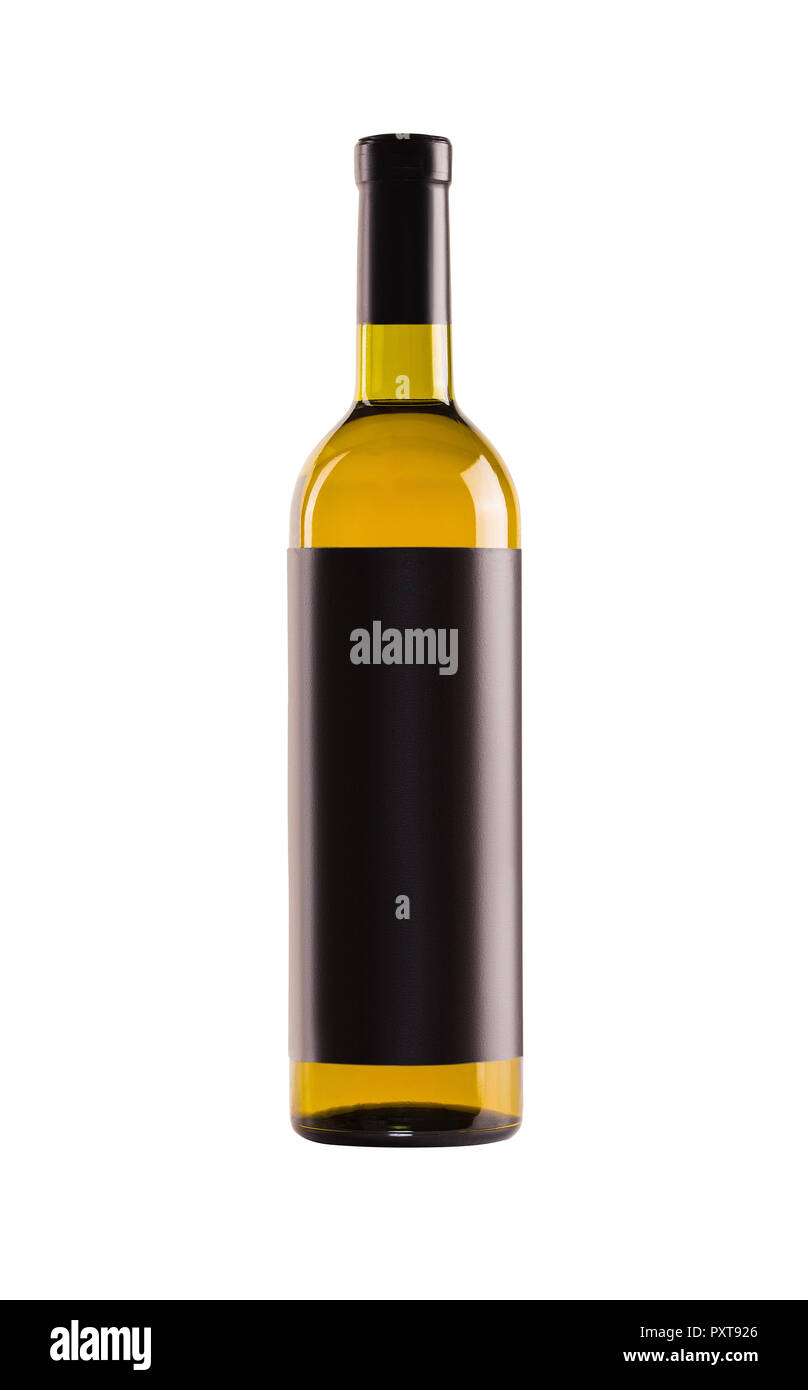 Weißwein. Flasche gelb Glas mit einem leeren Black Label auf weißem Hintergrund. Stockfoto