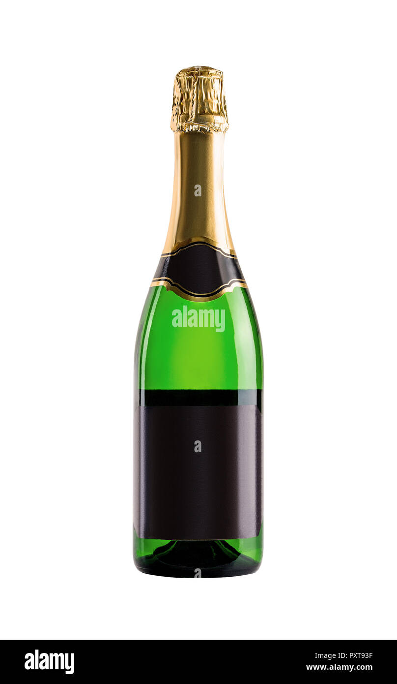 Champagner. Flasche aus grünem Glas mit einem leeren Black Label auf weißem Hintergrund. Stockfoto