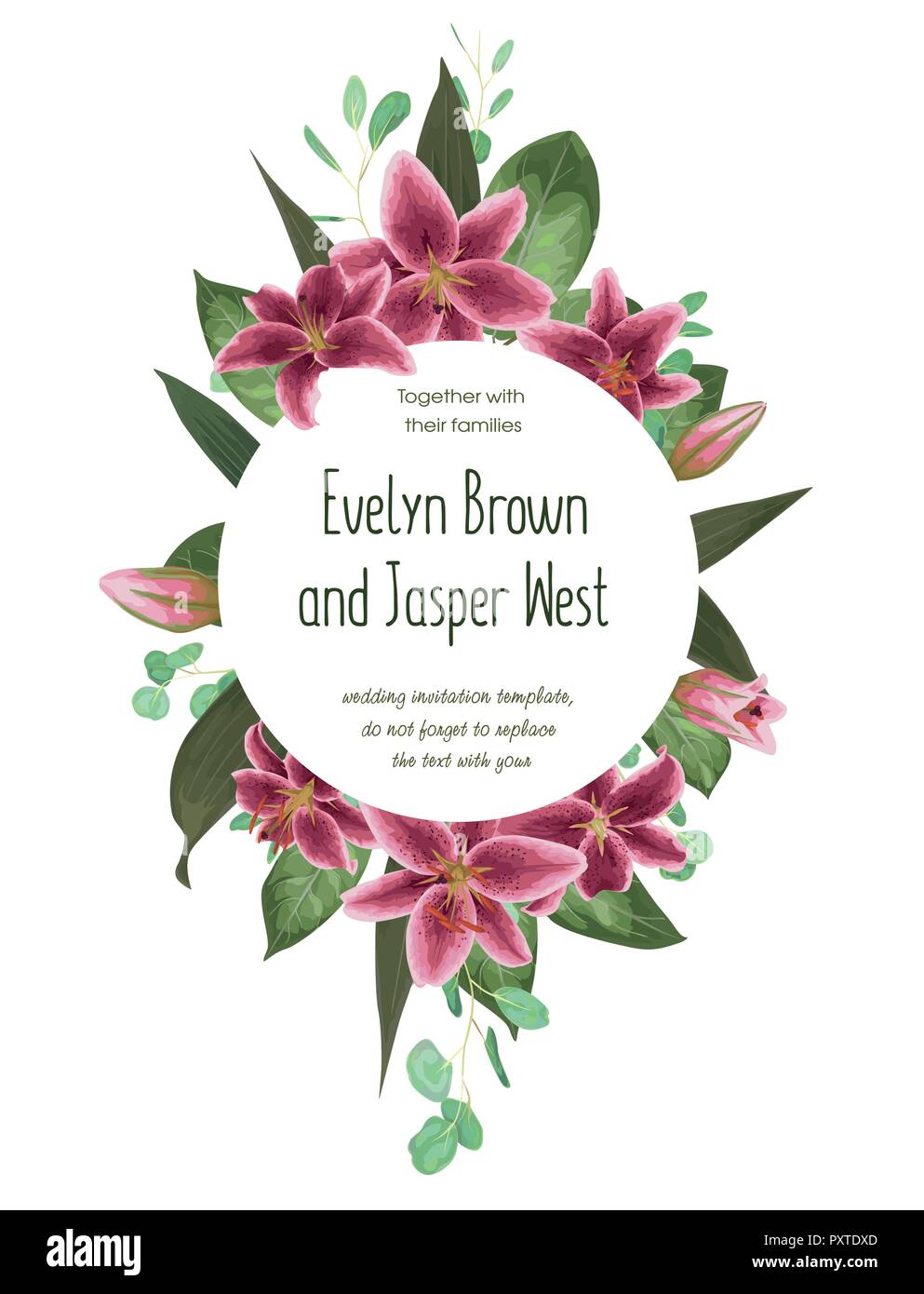 Hochzeit Blumen Einladung, Karte laden. Vektor aquarell Stil Kräuter, Eukalyptus, Ausschreibung, Burgund, rosa Lilly, natürlichen, botanischen Grün dekorative Ro Stock Vektor