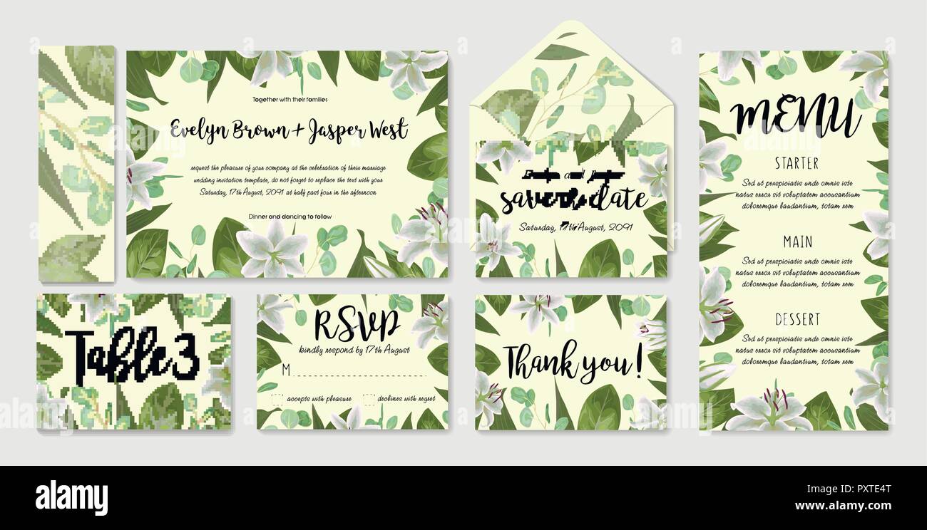 Vorlage festlegen Hochzeit einladen, Einladung, Menü, Rsvp, danke Karte, Tisch, Vektor Blumen Grün design. Aquarell stil Kräuter, Eukalyptus, weiß li Stock Vektor
