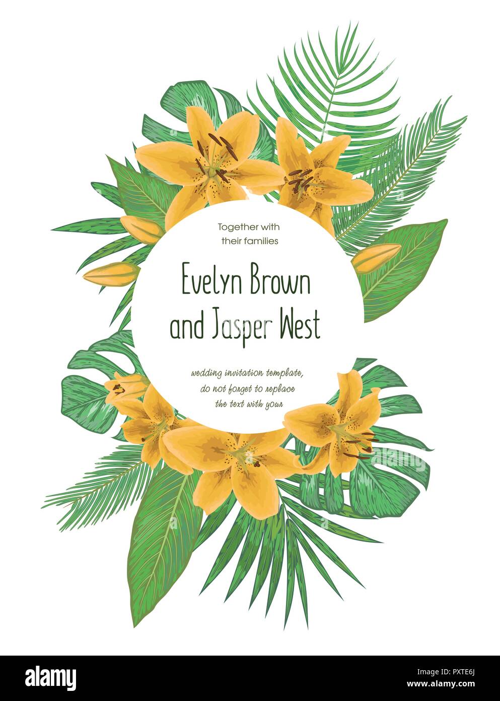 Hochzeit Blumen Einladung Karte Laden Vektor Aquarell Stil Gelbe Lilie Blumen Tropischen Palmen Blatter Monstera Kentia Palmen Diffenbachia Stock Vektorgrafik Alamy