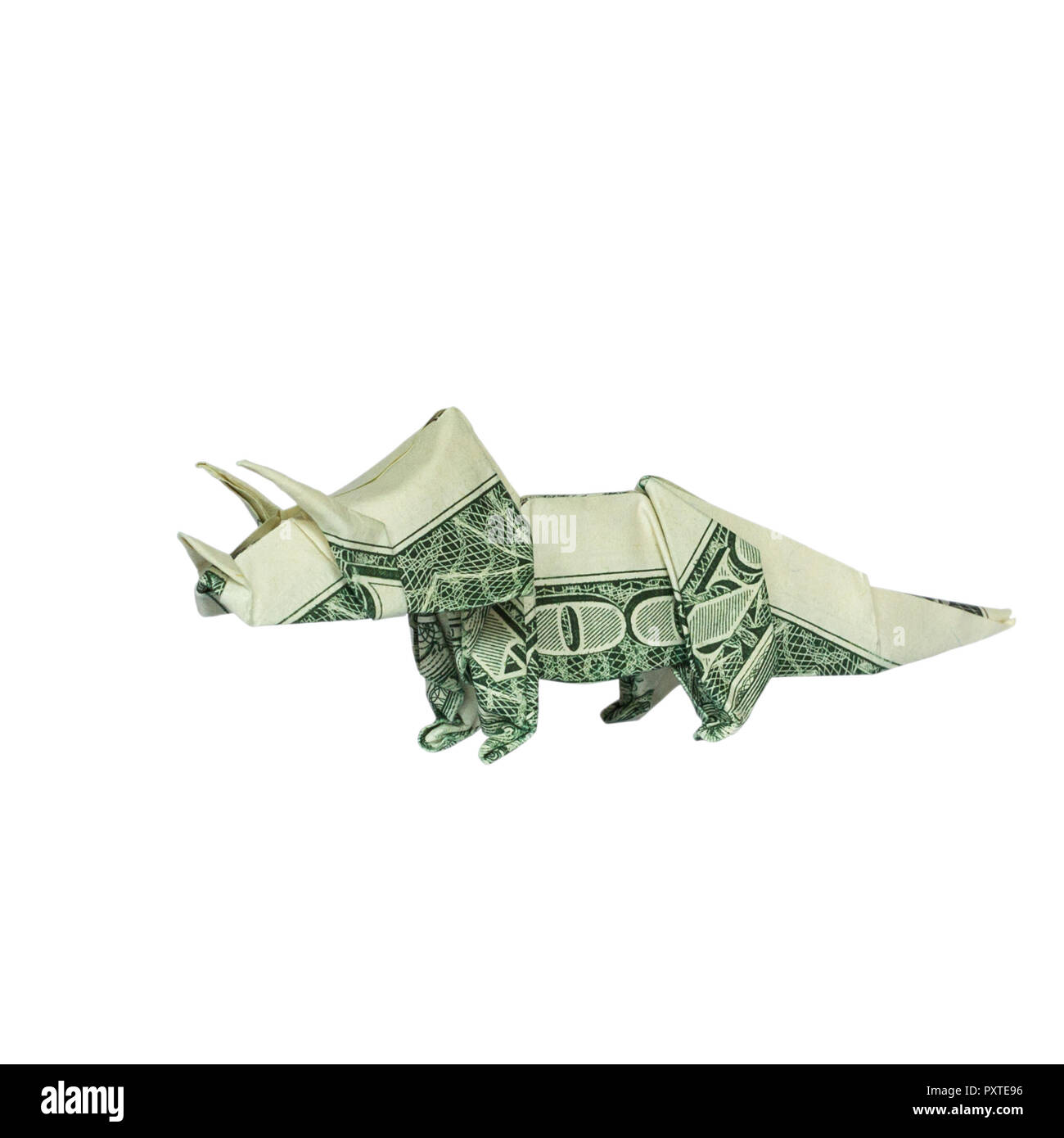 Geld Origami Triceratops Dinosaurier gefaltet mit Real One Dollar Bill isoliert auf weißem Hintergrund Stockfoto
