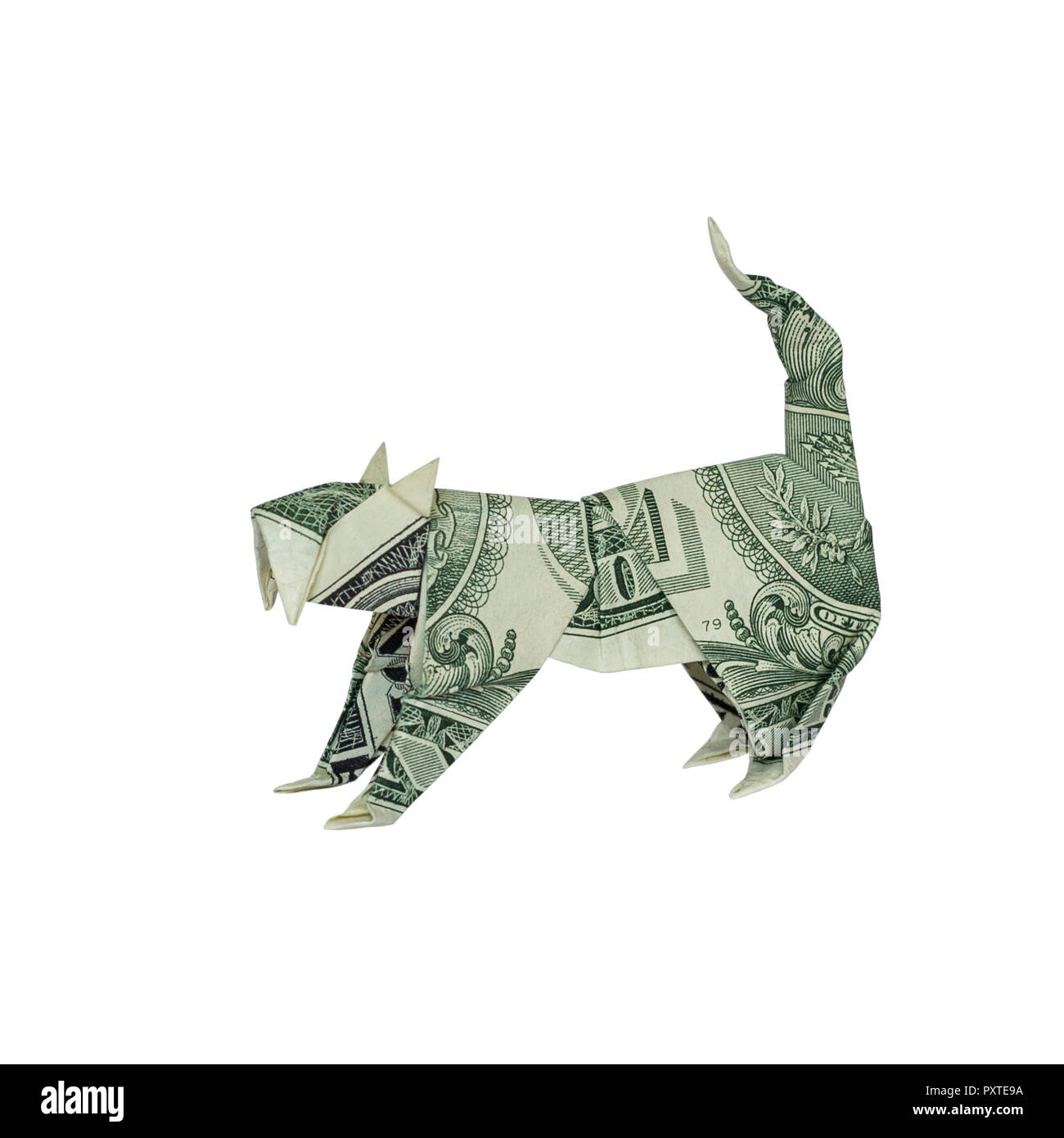 Geld Origami Wild Cat gefaltet mit Real One Dollar Bill isoliert auf weißem Hintergrund Stockfoto