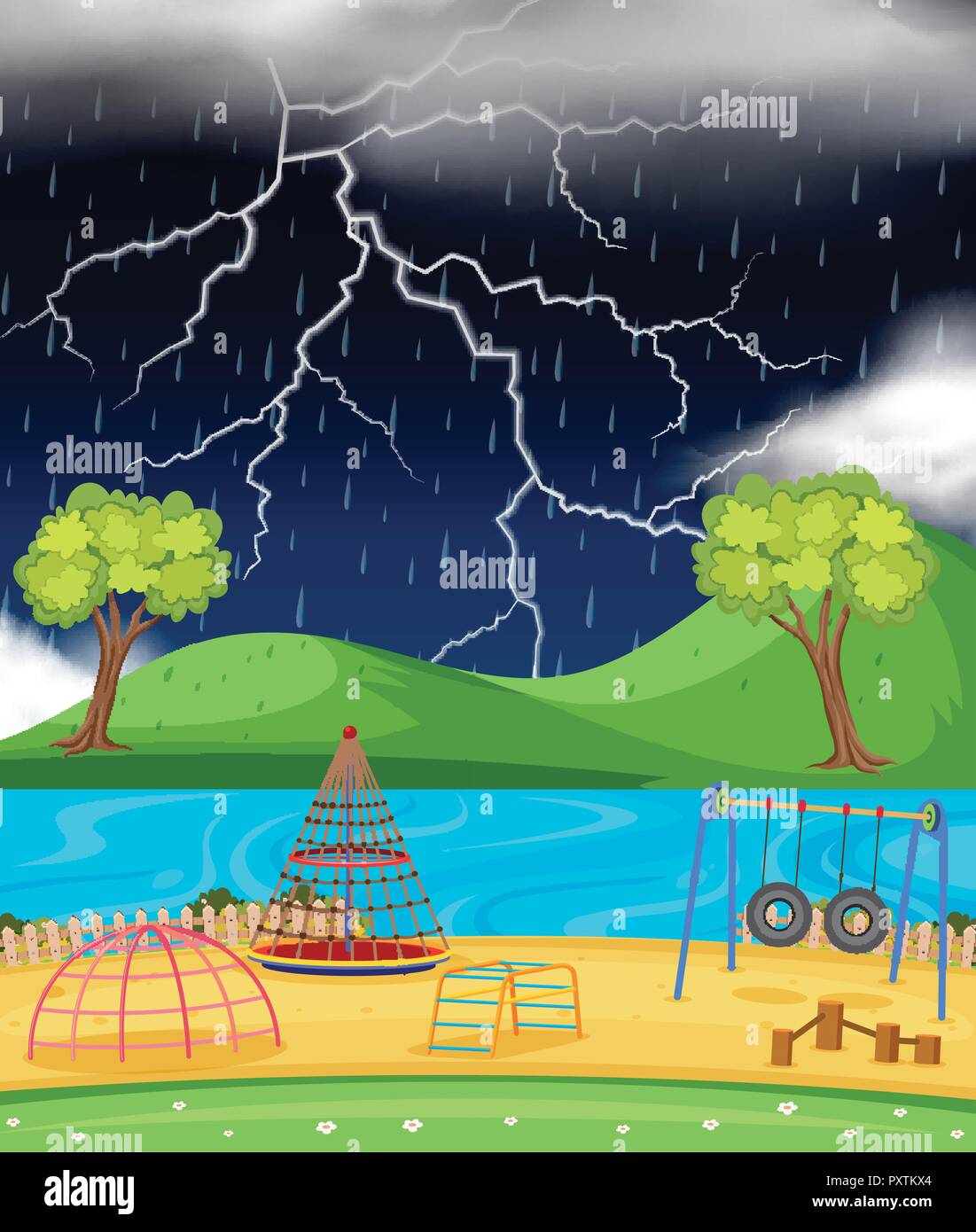 Hintergrund Szene mit Spielplatz im Regen Abbildung Stock Vektor