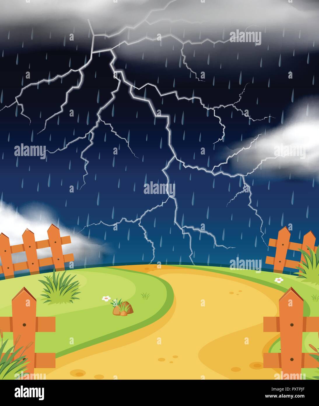 Natur Szene mit Blitz und Regen Abbildung Stock Vektor