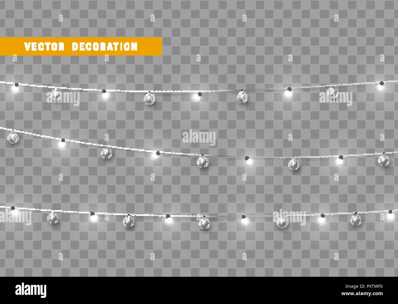 Weihnachtsschmuck, auf transparentem Hintergrund isoliert. Gold Lichtgirlanden mit Kugeln realistisch gesetzt. Golden Xmas Dekor. Festliche design Element Stock Vektor