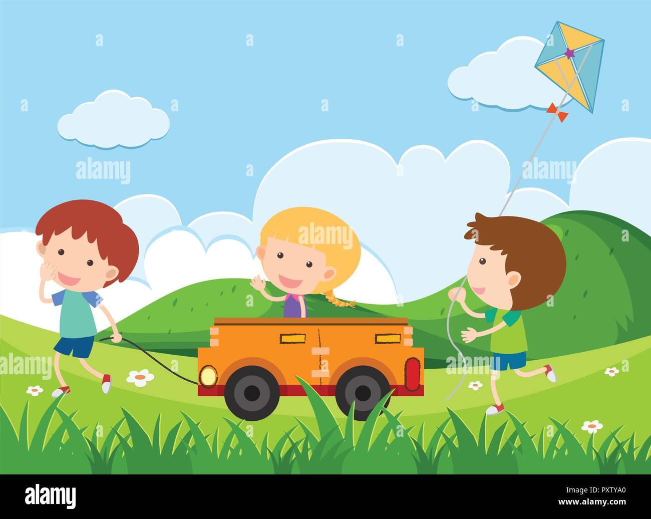 Glückliche Kinder spielen Spielzeugauto im Park Abbildung Glückliche Kinder Spielen Mit Spielzeug Stock Vektor Art und