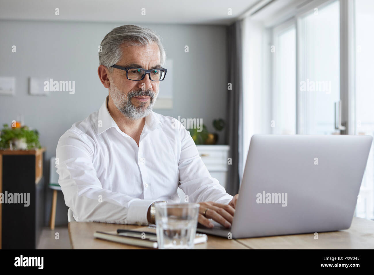 Porträt von reifer Mann mit Laptop zu Hause Stockfoto