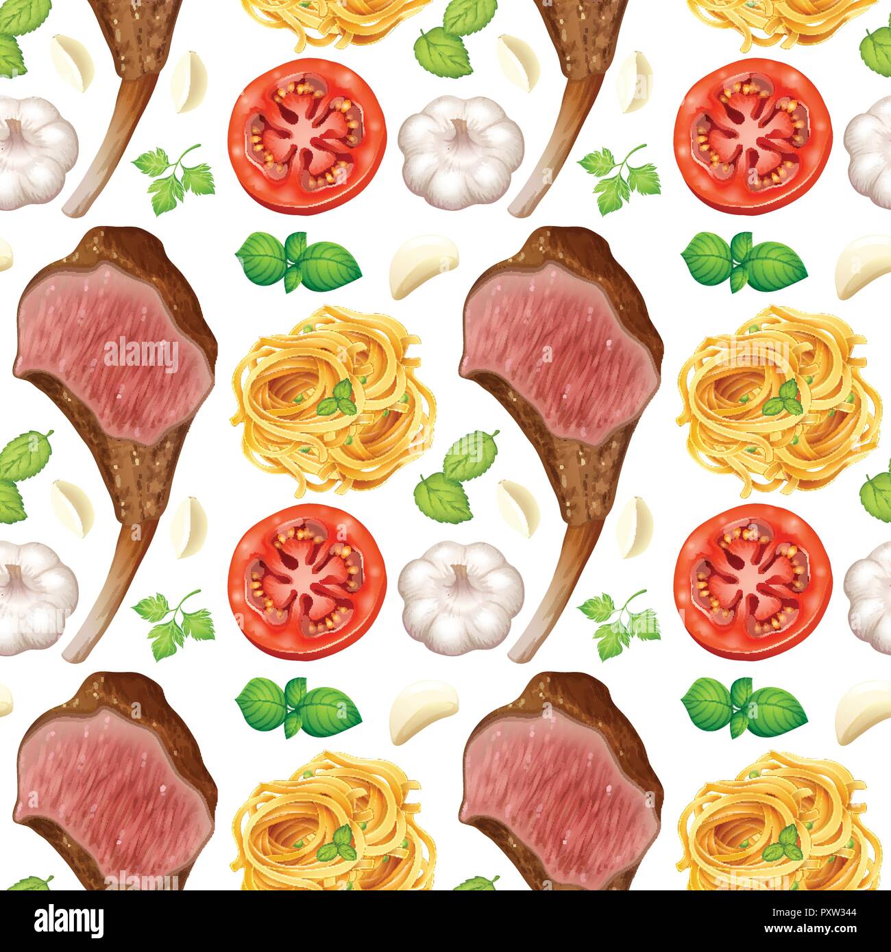 Nahtlose Hintergrund mit Steaks und Pasta Abbildung Stock Vektor