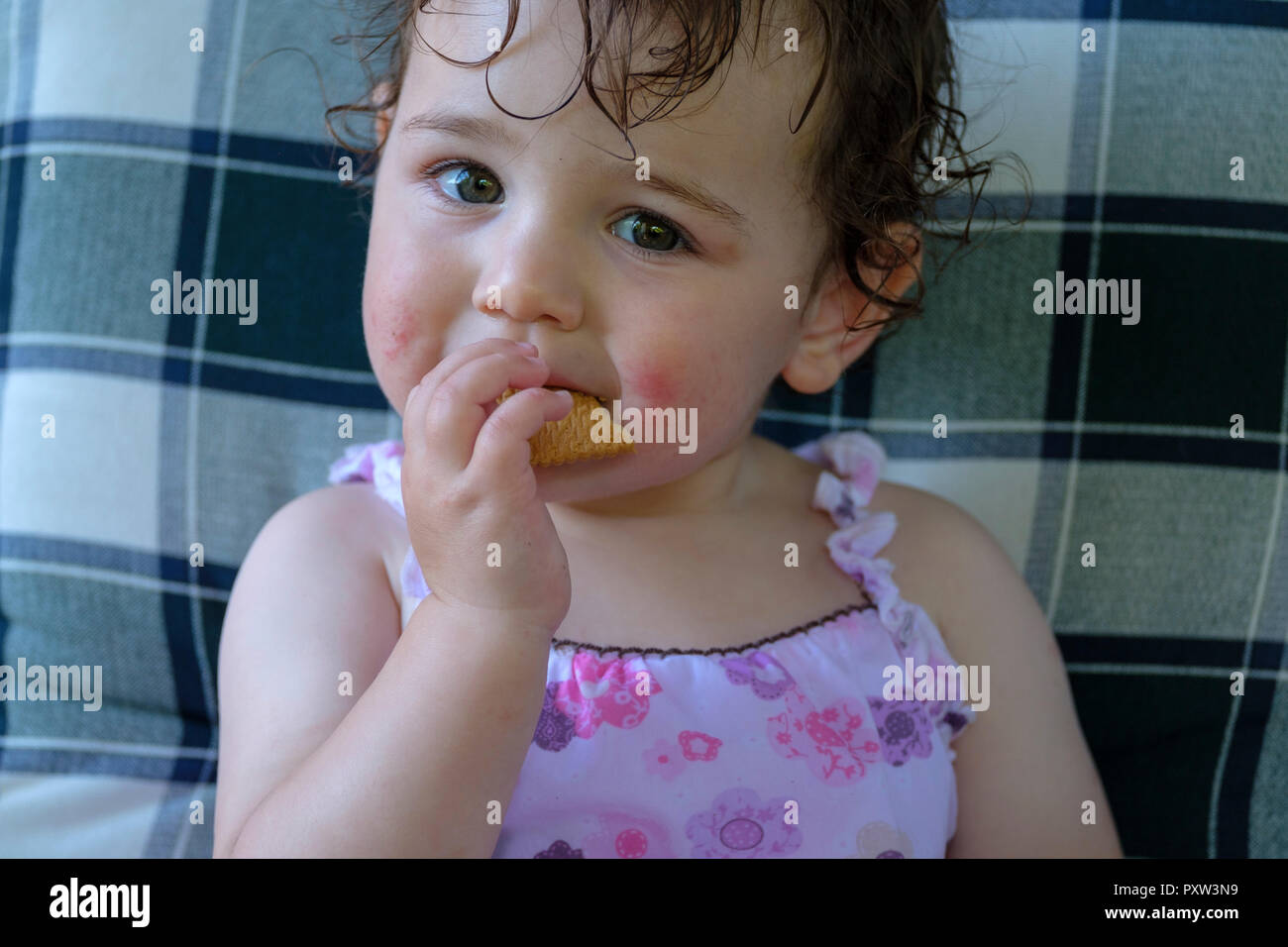 Portrait von Inhalt Baby Mädchen essen Cookie Stockfoto