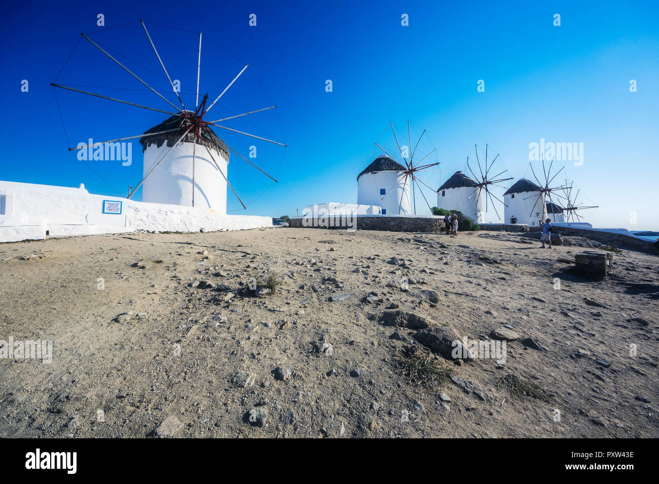 Griechenland, Mykonos, fünf historischen Windmühlen Stockfoto