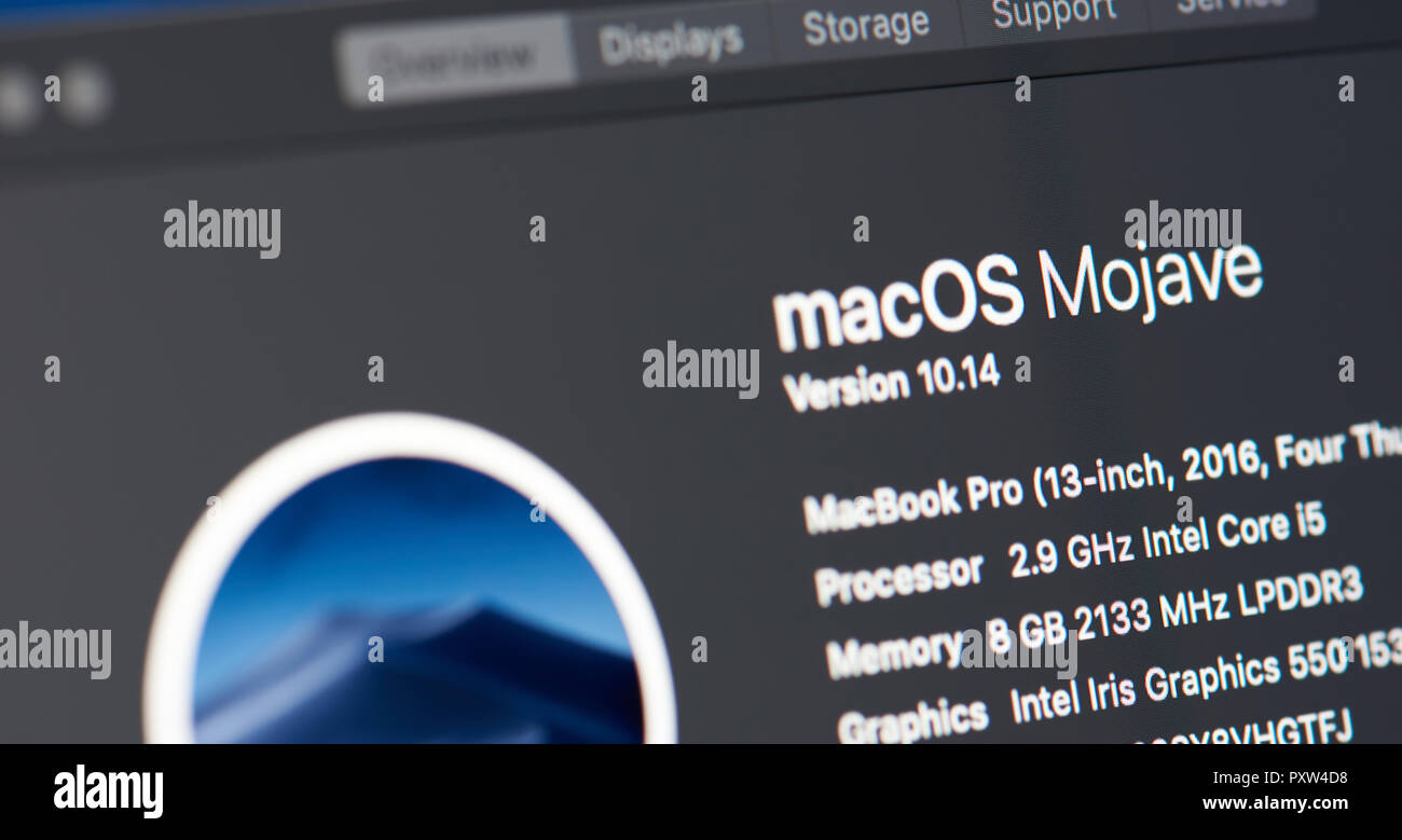 New York, USA - 23. Oktober 2018: Bevorzugung von Macbook auf Mojave os auf dem Laptop Bildschirm Nähe zu sehen. Stockfoto