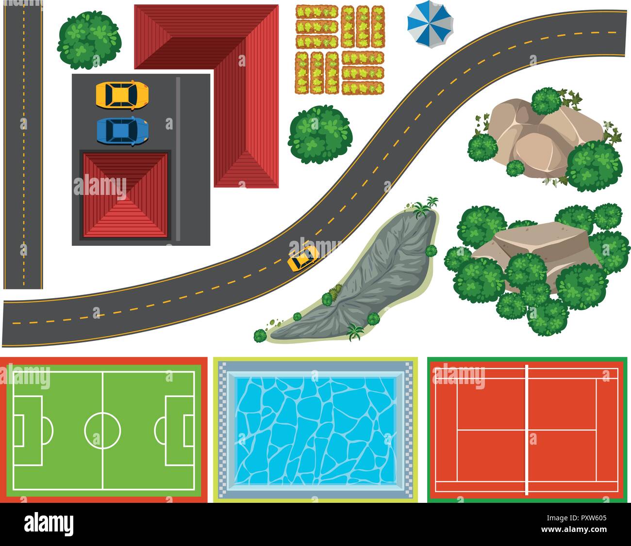 Luftaufnahme von unterschiedlichen Gerichten und Straße Abbildung Stock Vektor