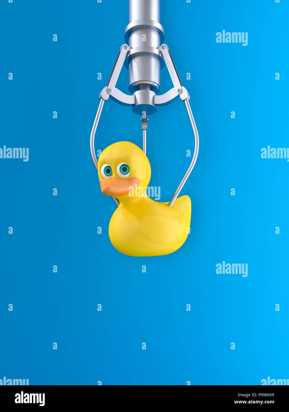 3D-Rendering, gelbe Gummiente schweben vor blauem Hintergrund Stockfoto