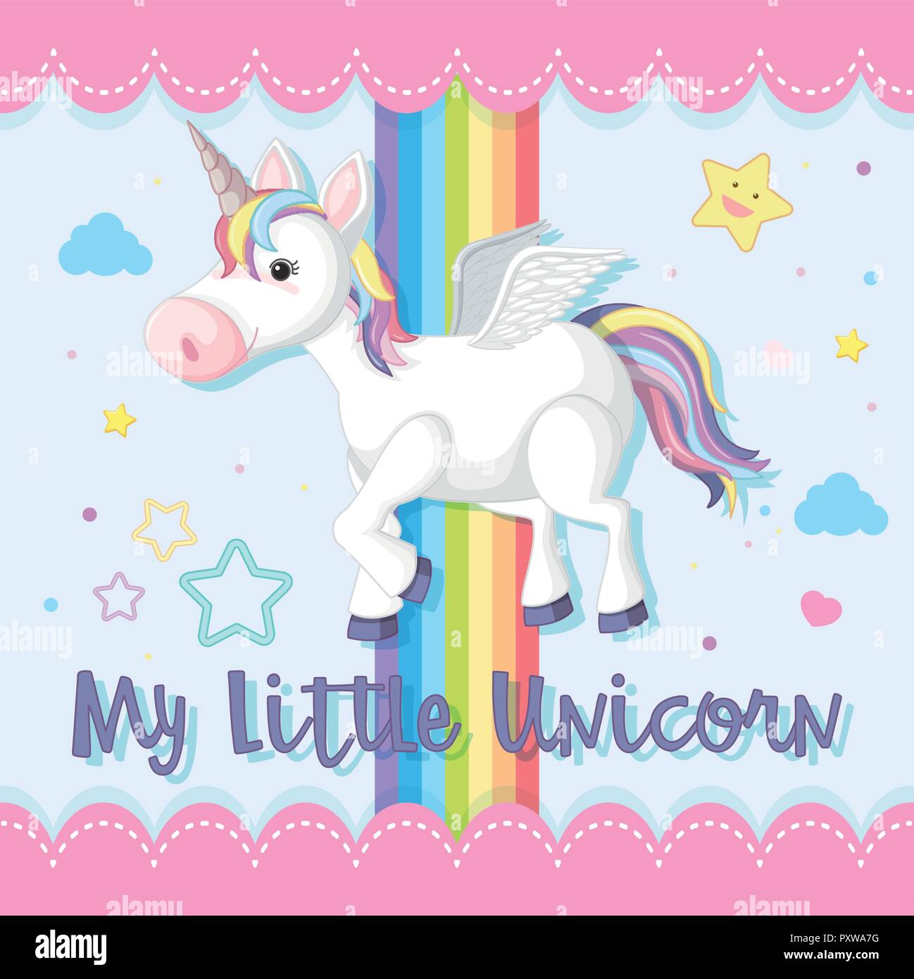 Plakat Design mit Einhorn und Regenbogen am Himmel Abbildung Stock Vektor